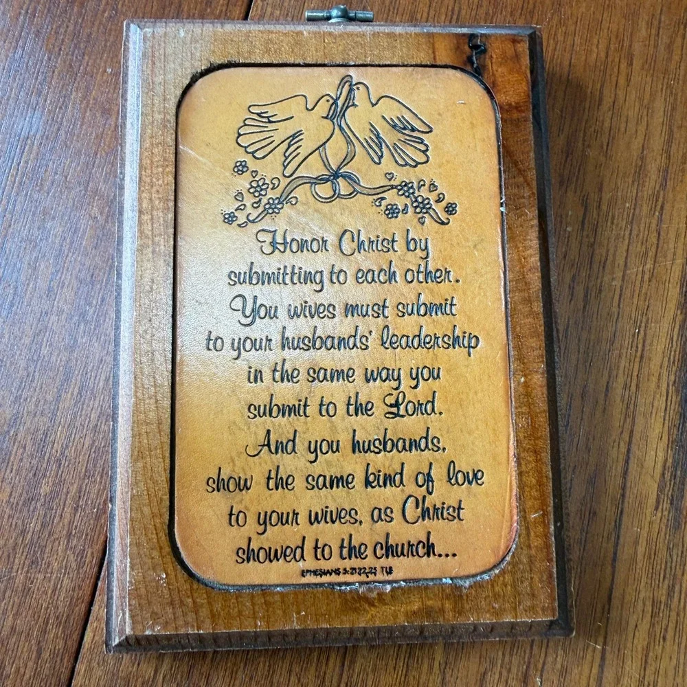Vintage Wood Leather Ephesians 5 Bible Verse Marriage Wall Plaque Religious Art